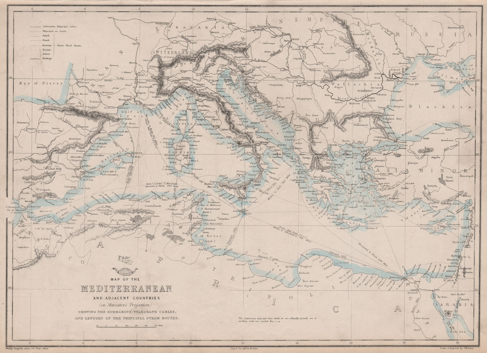 MEDITERRANEAN SEA. Submarine telegraph cables. steamship routes. LOWRY 1862 map